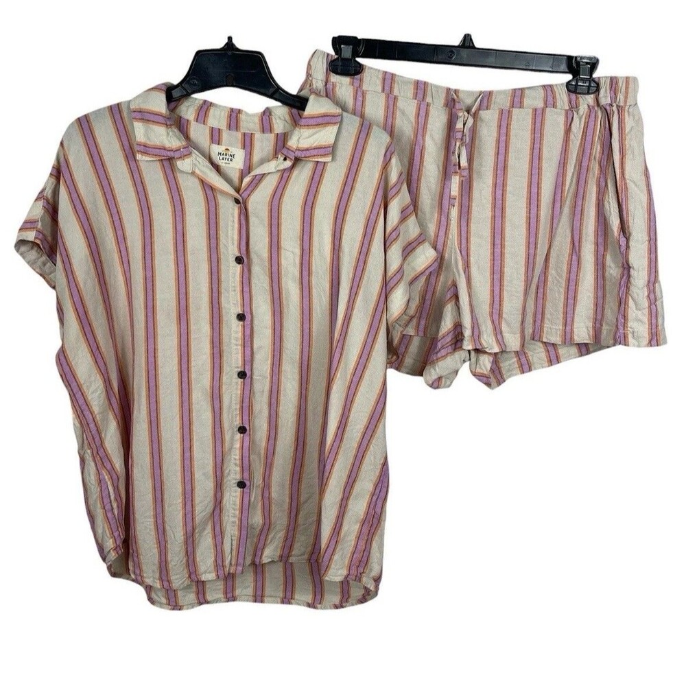 Marine Layer XL Striped Button Front Shirt Shorts Pajama Set Linen Tencel READ